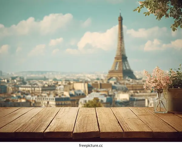 Paris Eiffel Tower View from Wooden Table Top