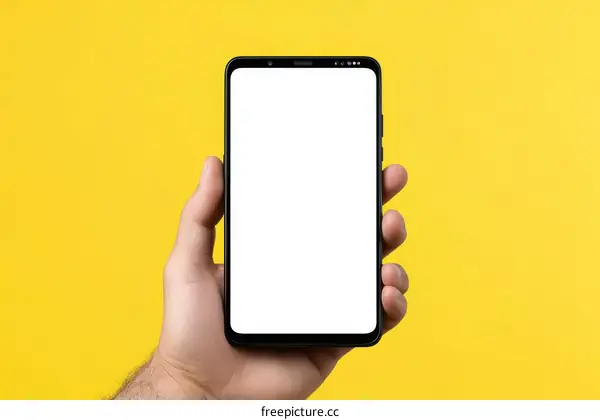 Smartphone mockup held by a hand on a yellow background