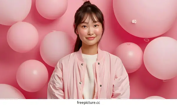 Asian Woman in Pink Jacket Posing with Pink Balloons