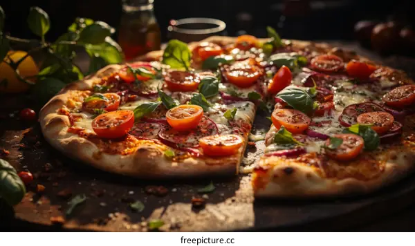 Appetizing Pizza with Tomato, Basil, and Melted Cheese