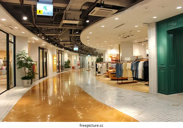 Modern Shopping Mall Interior with Clothing Stores