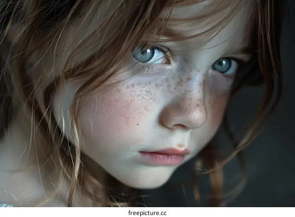 portrait of a girl with freckles and blue eyes