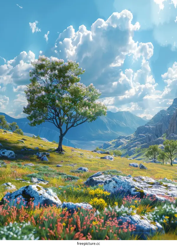 mountain valley flowers tree