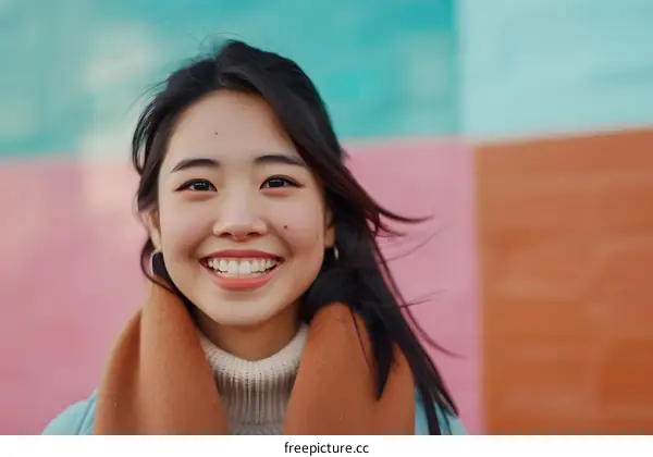 Portrait of a Smiling Asian Woman in Front of a Colorful Wall