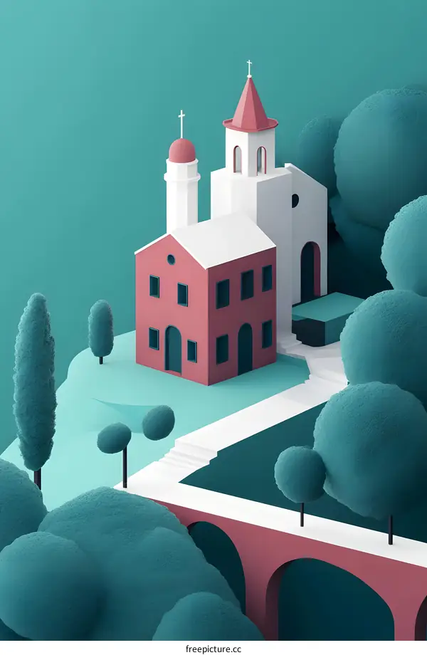 Minimalist 3D Illustration of a Church with Trees and Bridge