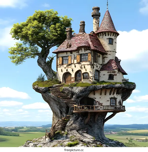 Fantasy Treehouse with a Tower and Balcony