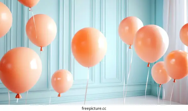 Floating Peach-Colored Balloons in a Pastel Room