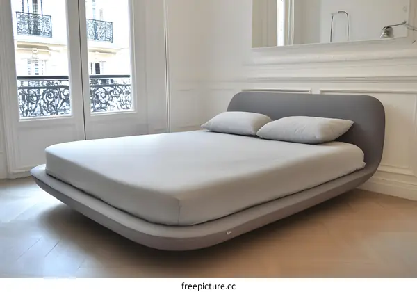 Modern Grey Leather Bed with Curved Headboard in White Interior Bedroom