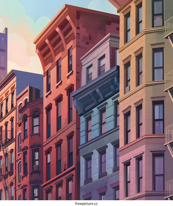 Colorful Illustration of Row Houses in a City