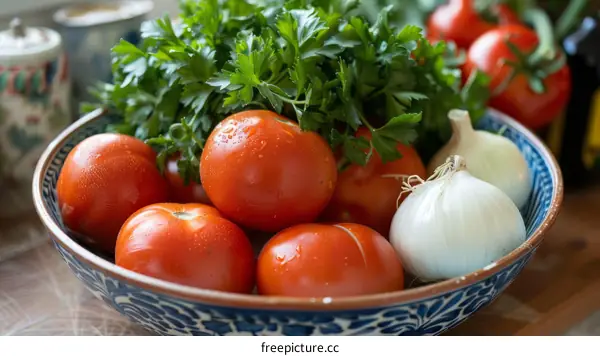 Still life of tomatoes, onion and parsley