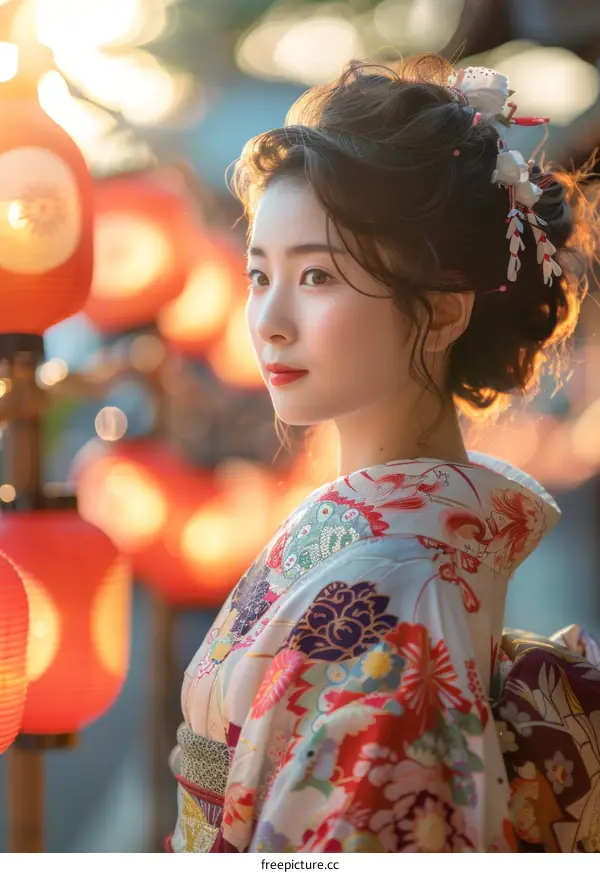 Portrait of a beautiful Japanese woman in traditional kimono