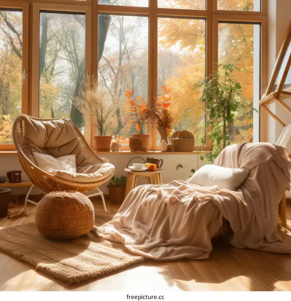 A cozy living room with a large window looking out onto a beautiful fall landscape