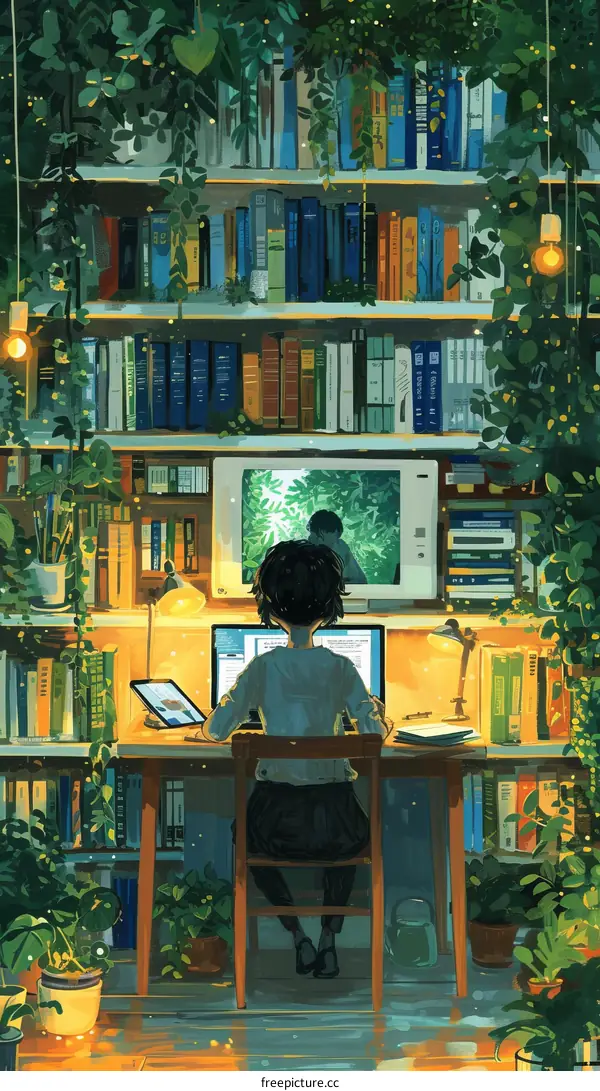 Girl studying in a library surrounded by plants