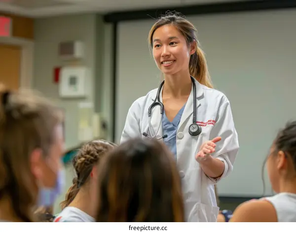Asian female doctor in a white coat giving a lecture to a group of female students