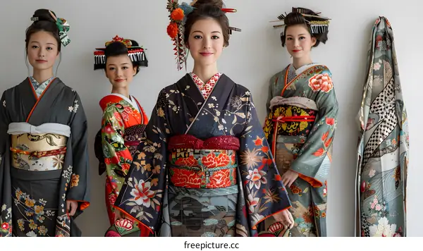 Four Japanese women wearing traditional kimono