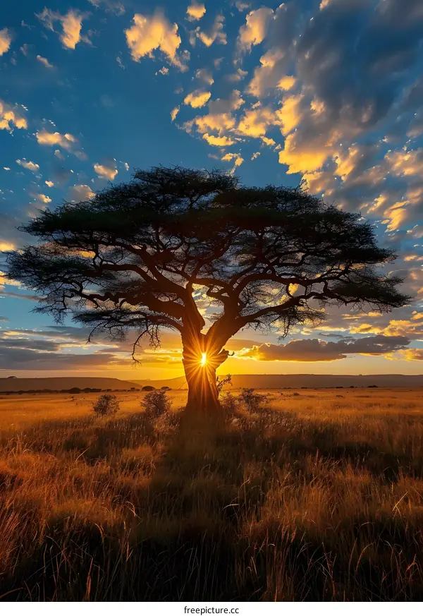 Sunset Silhouette of Tree in African Savanna