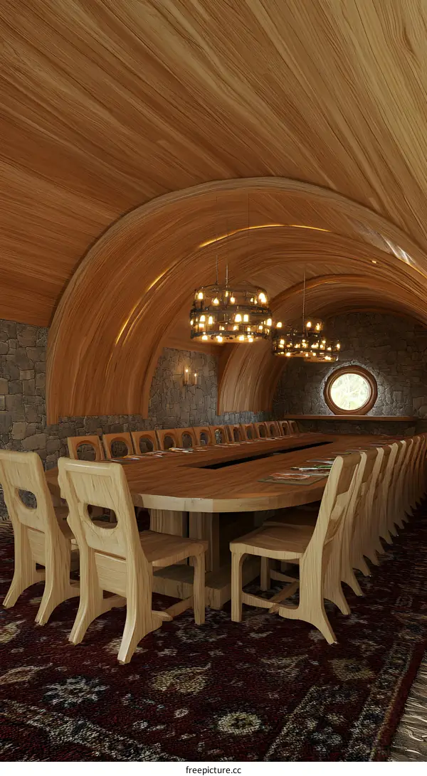 Wooden Dining Room With Arch Ceiling And Chandeliers