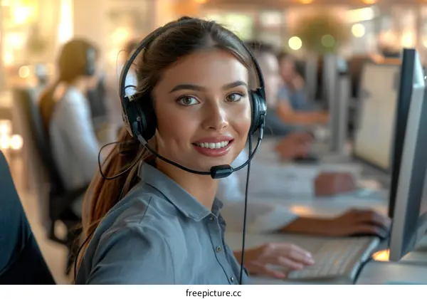 portrait of a beautiful smiling female customer service representative with a headset on