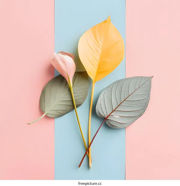 Minimalist Floral Composition With Pink Yellow And Green Leaves On Pastel Background