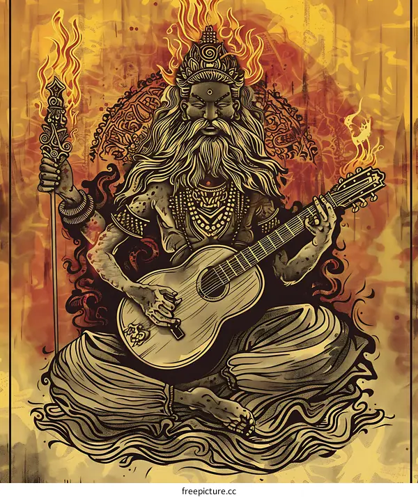 Hindu God Playing Guitar With Flames