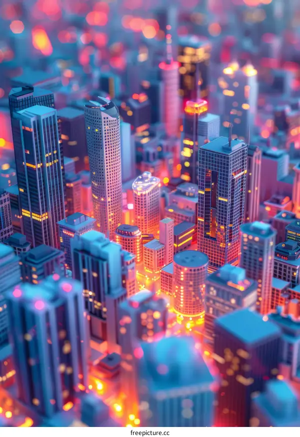 Aerial Cityscape at Night with Illuminated Buildings