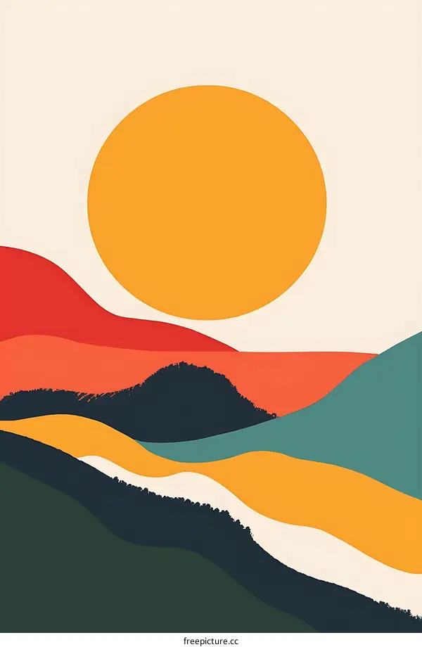 Abstract Landscape with Yellow Sun and Colorful Hills