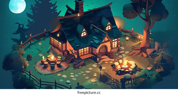 Cartoon Illustration of a Cozy Cottage in the Woods at Night