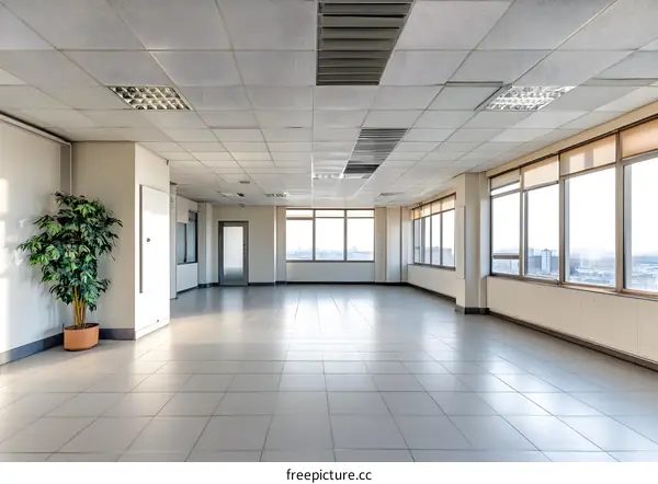 Empty Modern Office Space With Large Windows and City View
