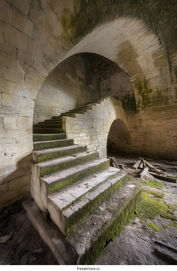 Old Stone Stairs in an Abandoned Underground Tunnel