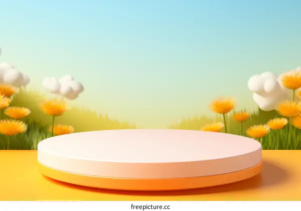 Abstract 3D Rendering of a Cylindrical Podium with Realistic Dandelions on a Pastel Background