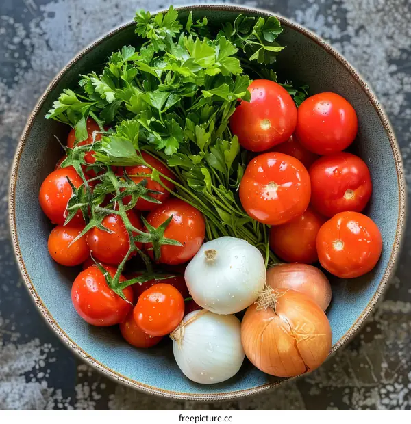 A bowl of fresh tomatoes, onions, and parsley