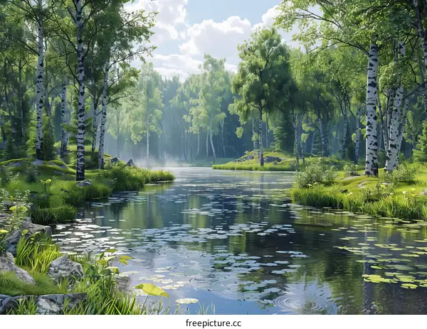 River Meandering Through Tranquil Serene Forest