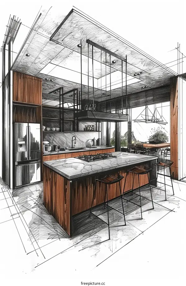 Modern Kitchen Design with Wood Cabinets and Marble Countertops