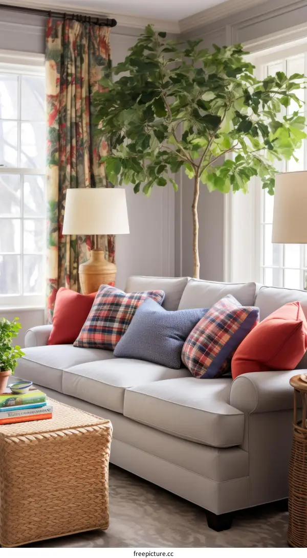 A living room with a large green plant in the corner and a gray sofa with a mix of patterned pillows and solid red pillows.