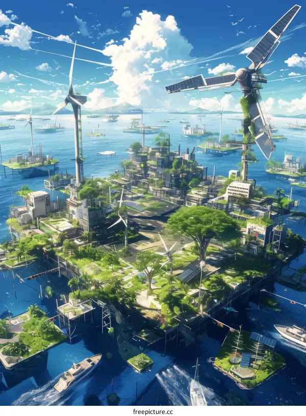 Futuristic city built on water with green energy sources