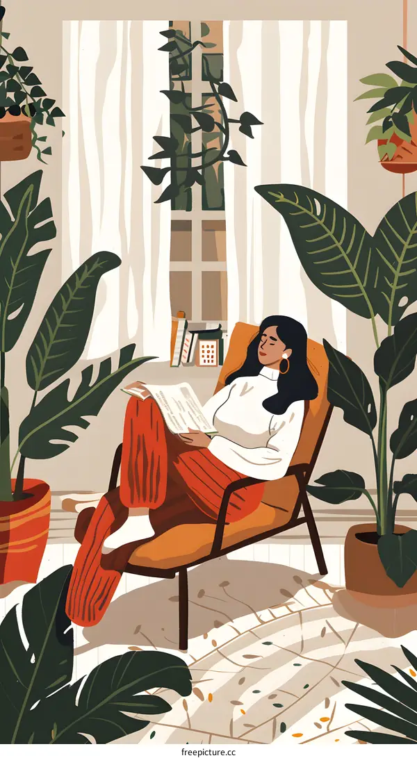 Woman Relaxing in a Chair Surrounded by Plants