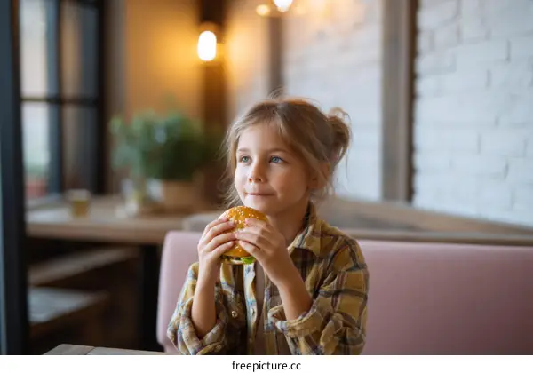 Young Girl Eating Hamburger in Cafe