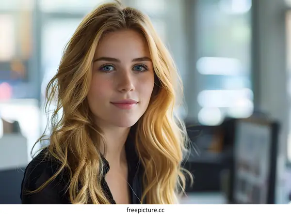 portrait of a young woman with long blond hair and blue eyes