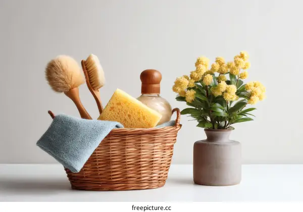 Cleaning Supplies in a Wicker Basket with Yellow Flowers