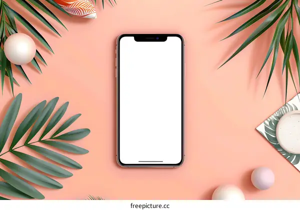 Mockup of Phone with Tropical Leaf Background