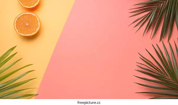 Summer Tropical Background with Palm Leaves and Orange Slices