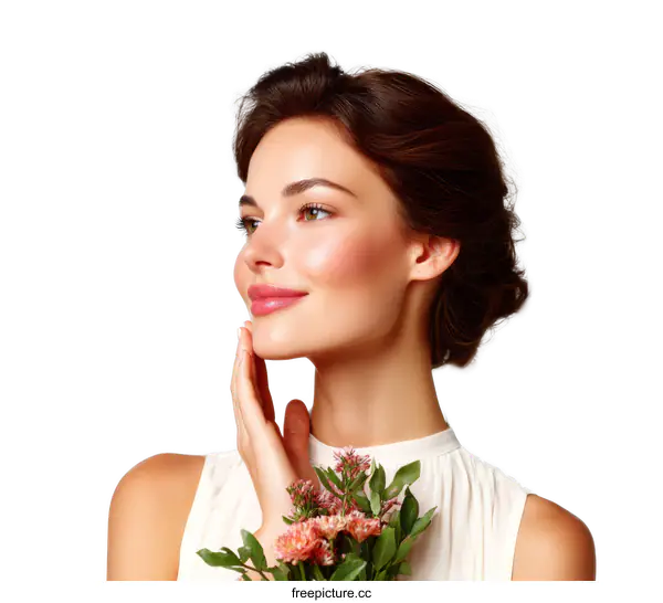 [Transparent Background PNG]Beautiful Woman with a Bouquet of Flowers