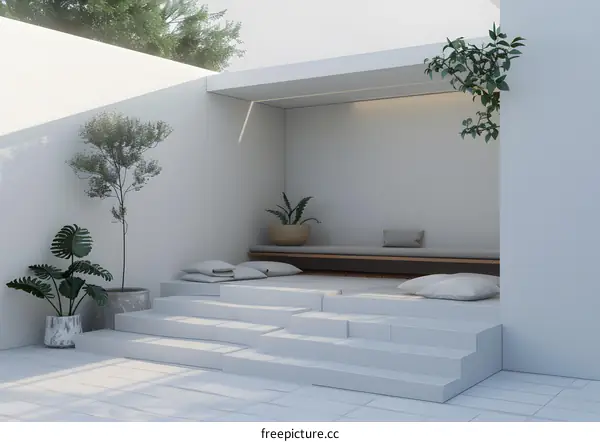 Minimalist Modern Outdoor Patio Design with White Walls and Plants