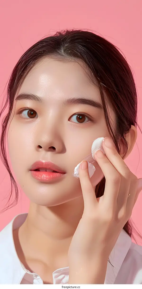 Beautiful Asian Woman Applying Cream on her Face