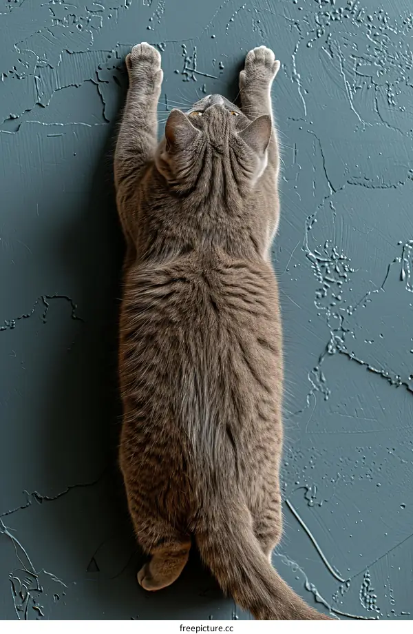 Cat Climbing on a Blue Wall