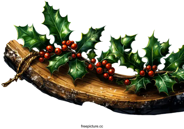 [Transparent Background PNG]Christmas Holly on Wooden Log Illustration