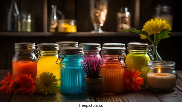 Colorful glass jars with flowers and a candle on a wooden table