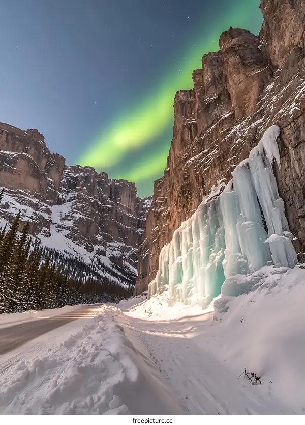 Frozen Waterfall Under the Northern Lights
