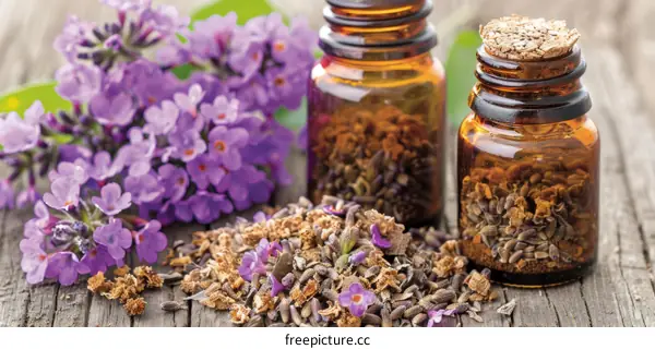 Dried lavender flowers and essential oil