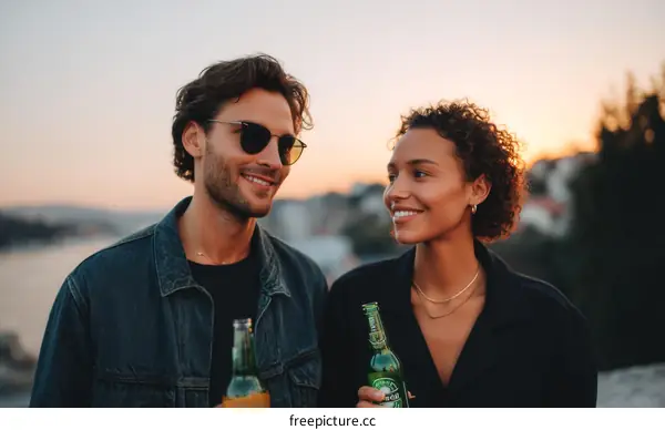 Couple enjoying drinks on rooftop at sunset